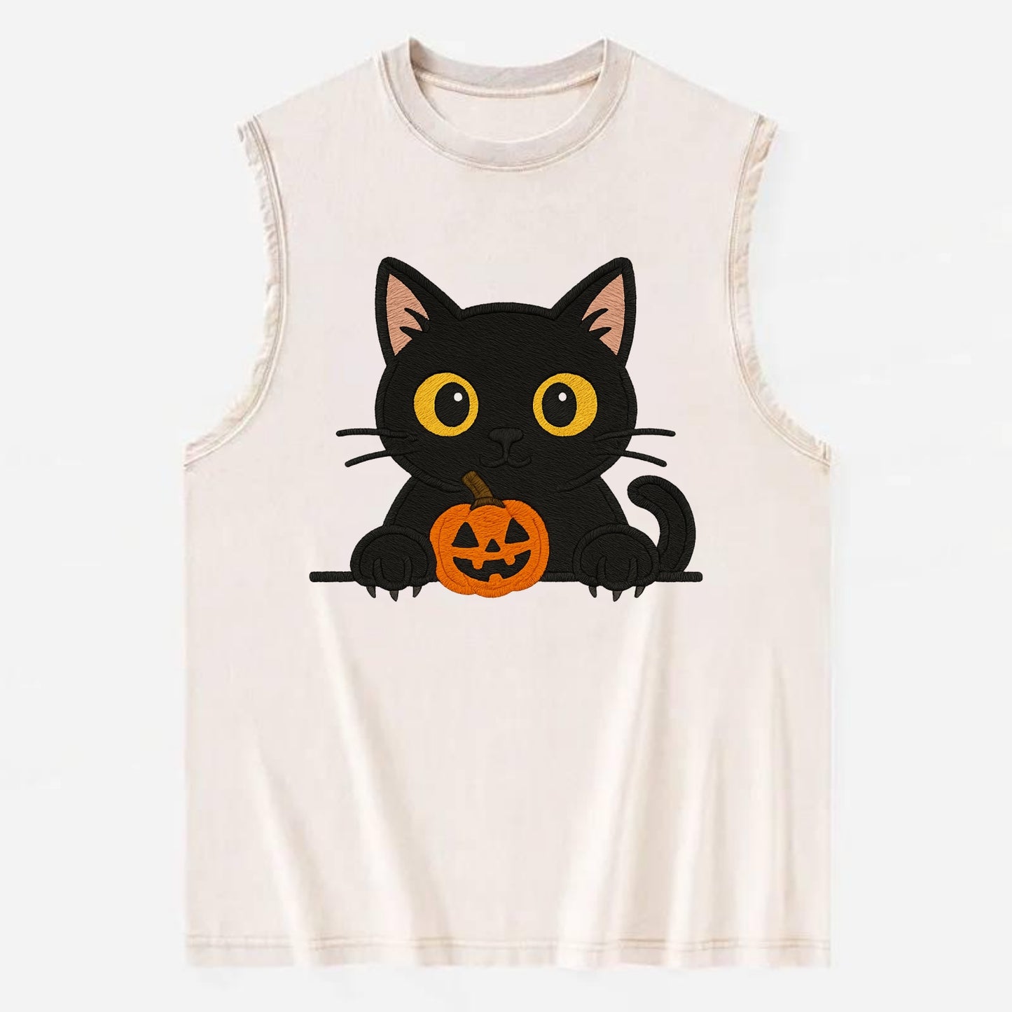 Midnight the black cat wearing round spectacles while studying the viewer. - Vintage Washed Tank - Beige