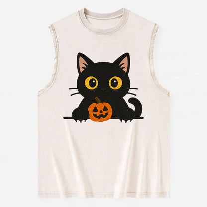 Midnight the black cat wearing round spectacles while studying the viewer. - Vintage Washed Tank - Beige