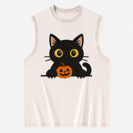 Midnight the black cat wearing round spectacles while studying the viewer. - Vintage Washed Tank - Beige