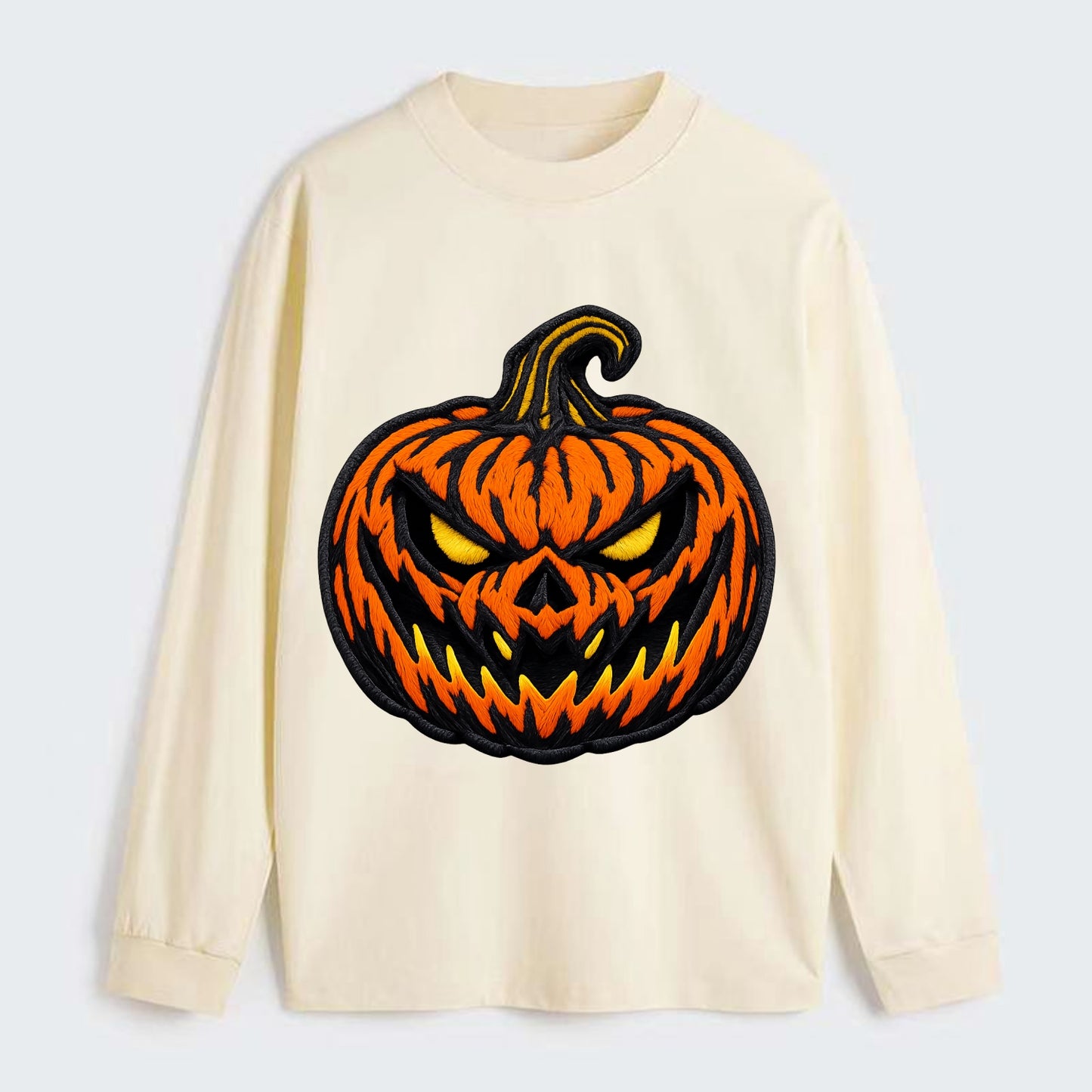 HALLOWEEN PUMPKIN - jack o lantern in orange and black , spooky - Classic Long Sleeve Shirt - Beige