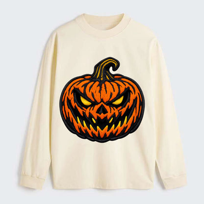 HALLOWEEN PUMPKIN - jack o lantern in orange and black , spooky - Classic Long Sleeve Shirt - Beige