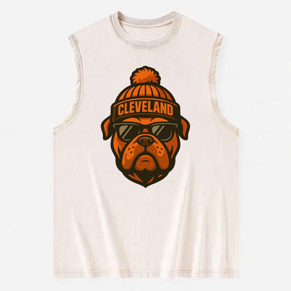 Cleveland Bulldog wearing Browns orange and brown beanie with pom pom and - Vintage Washed Tank - Beige