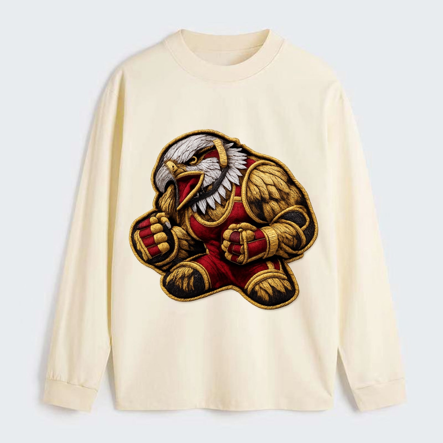 Embroidered patch design - WRESTLING EAGLE - fierce eagle with - Classic Long Sleeve Shirt - Beige