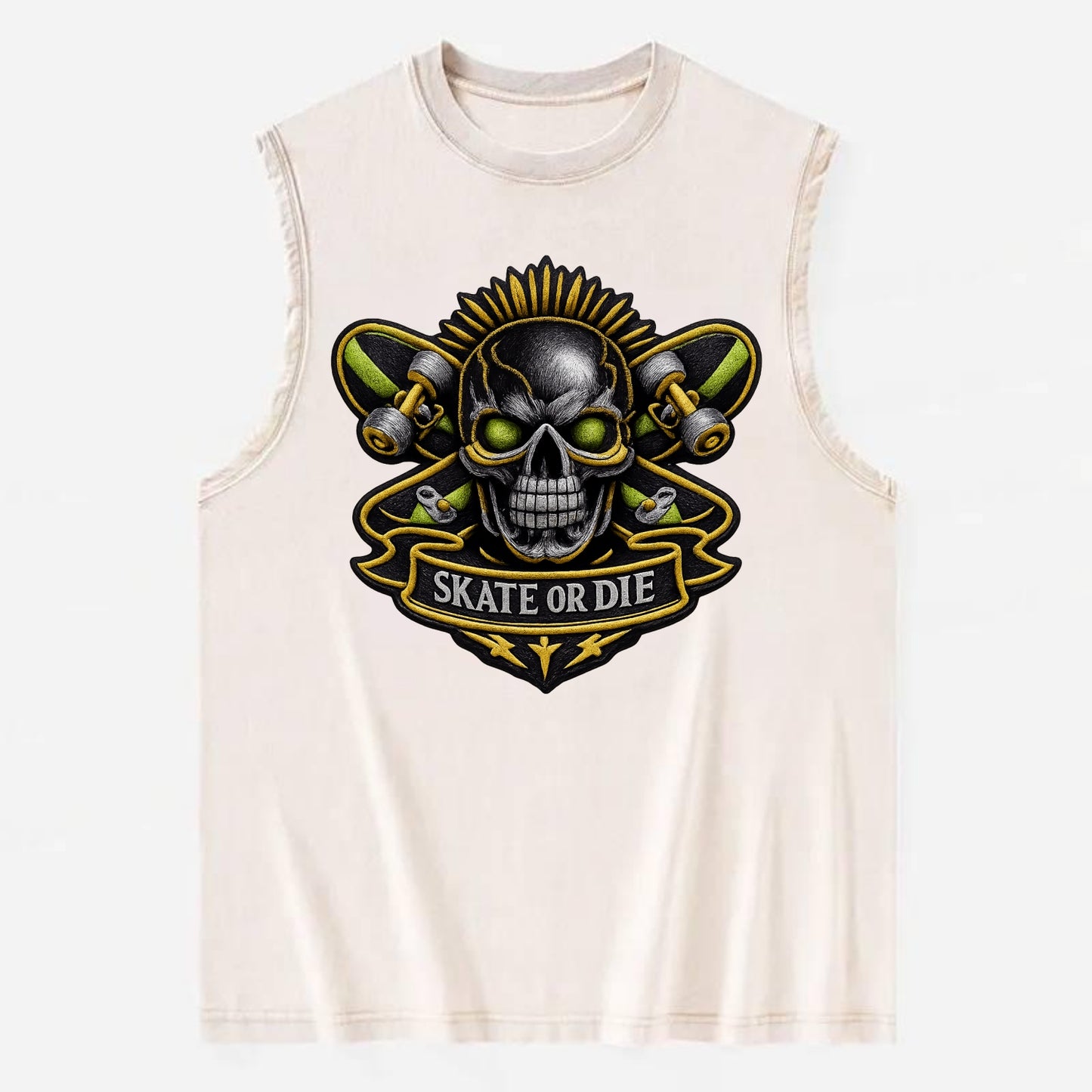 SKATEBOARD SKULL - skull with skateboard in black and neon green , extreme - Vintage Washed Tank - Beige