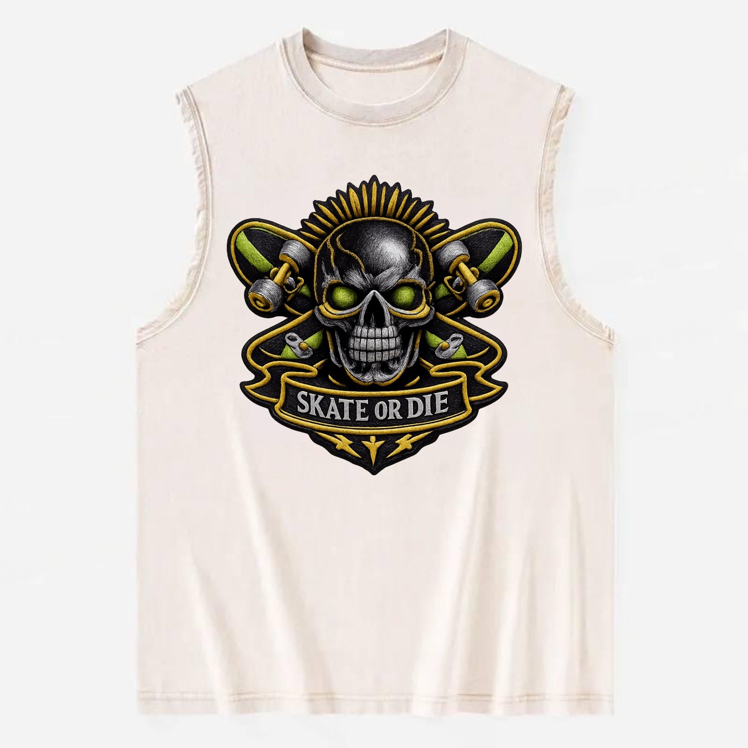 SKATEBOARD SKULL - skull with skateboard in black and neon green , extreme - Vintage Washed Tank - Beige