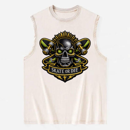 SKATEBOARD SKULL - skull with skateboard in black and neon green , extreme - Vintage Washed Tank - Beige