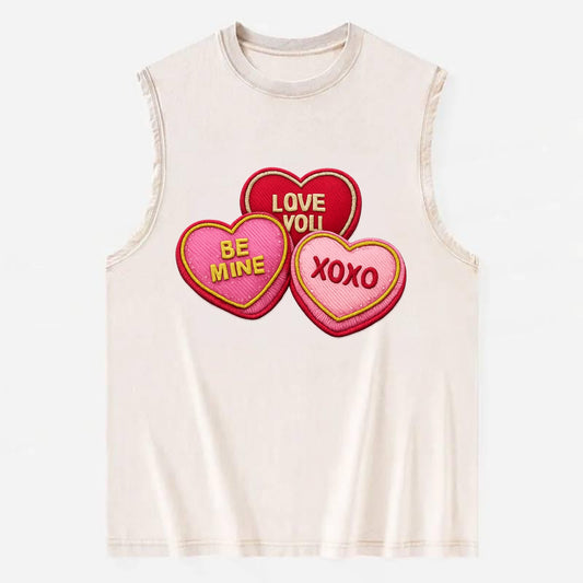 VALENTINES HEARTS - candy hearts in pink and red , love day - Vintage Washed Tank - Beige