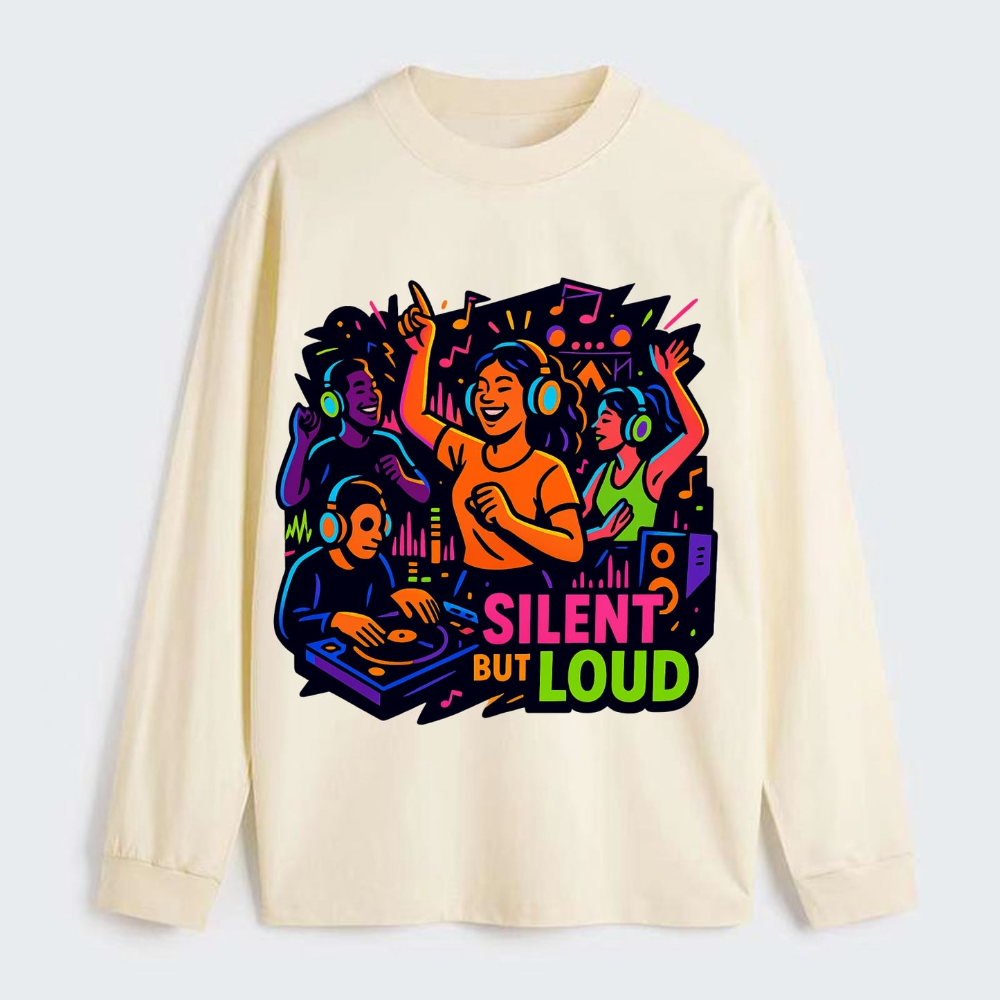 Silent disco dancers with glowing headphones - "Silent But Loud" - - Classic Long Sleeve Shirt - Beige