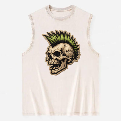 MOHAWK SKULL - punk skull with mohawk in neon green and black , punk rock - Vintage Washed Tank - Beige