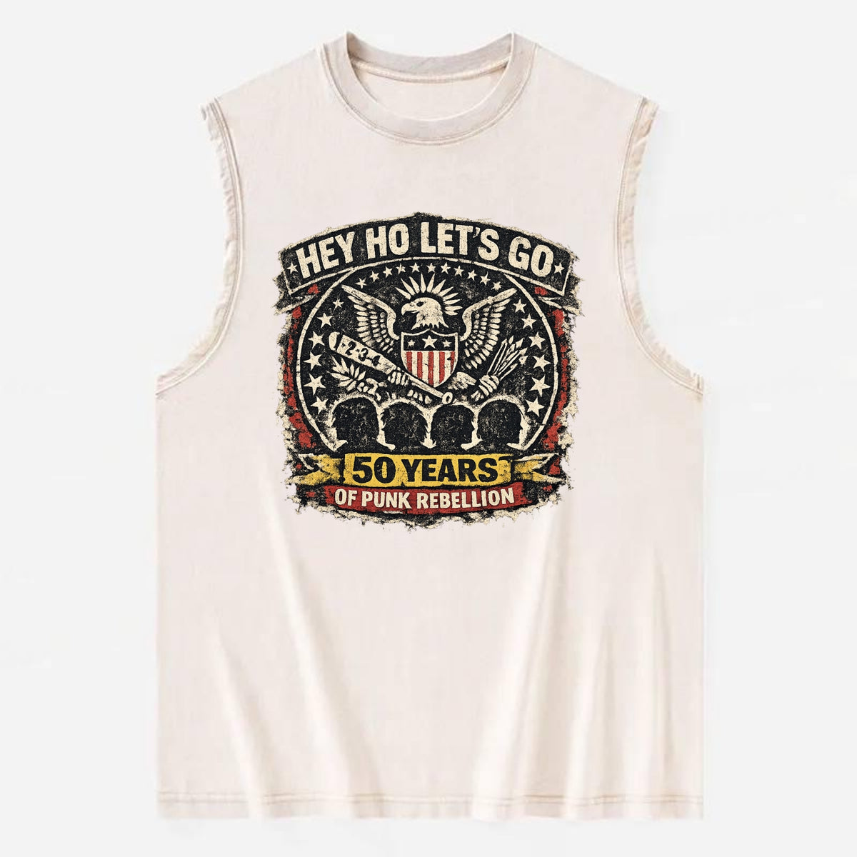 RAMONES LEGACY | Hey Ho Let's Go typography | Presidential seal parody | Four - Vintage Washed Tank - Beige