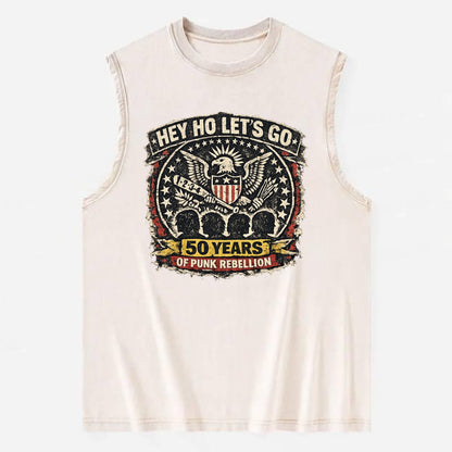 RAMONES LEGACY | Hey Ho Let's Go typography | Presidential seal parody | Four - Vintage Washed Tank - Beige