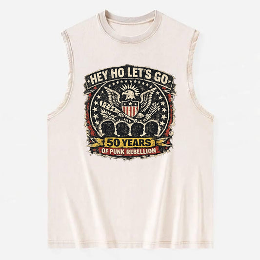 RAMONES LEGACY | Hey Ho Let's Go typography | Presidential seal parody | Four - Vintage Washed Tank - Beige