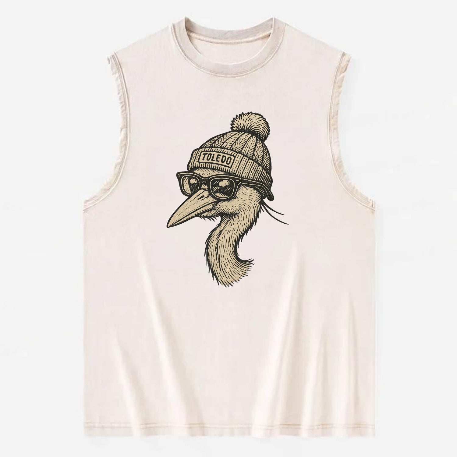 Toledo Great Blue Heron wearing Toledo beanie with pom pom and wayfarer - Vintage Washed Tank - Beige