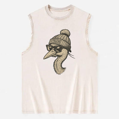 Toledo Great Blue Heron wearing Toledo beanie with pom pom and wayfarer - Vintage Washed Tank - Beige