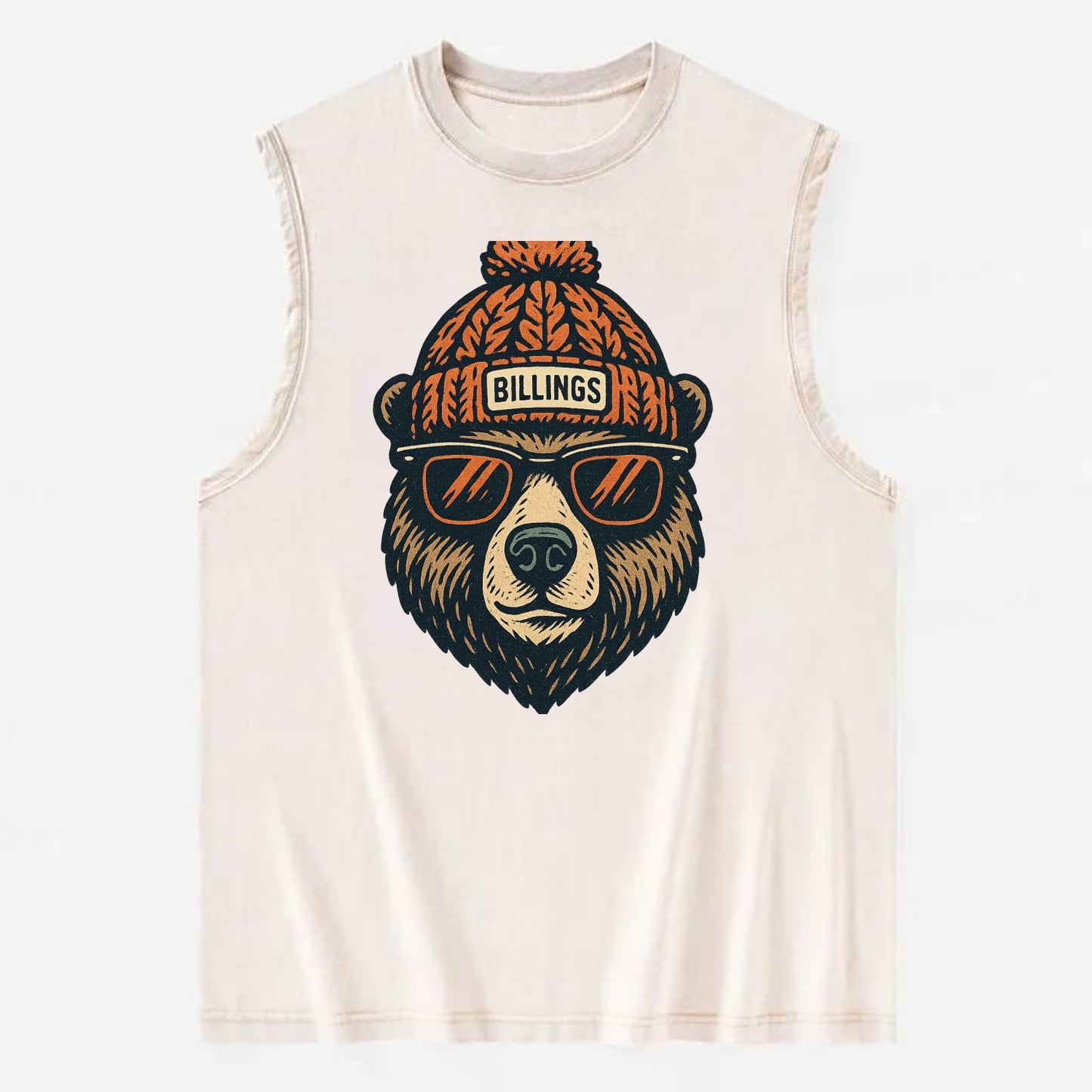 Montana Grizzly Bear wearing Billings beanie with pom pom and wayfarer - Vintage Washed Tank - Beige