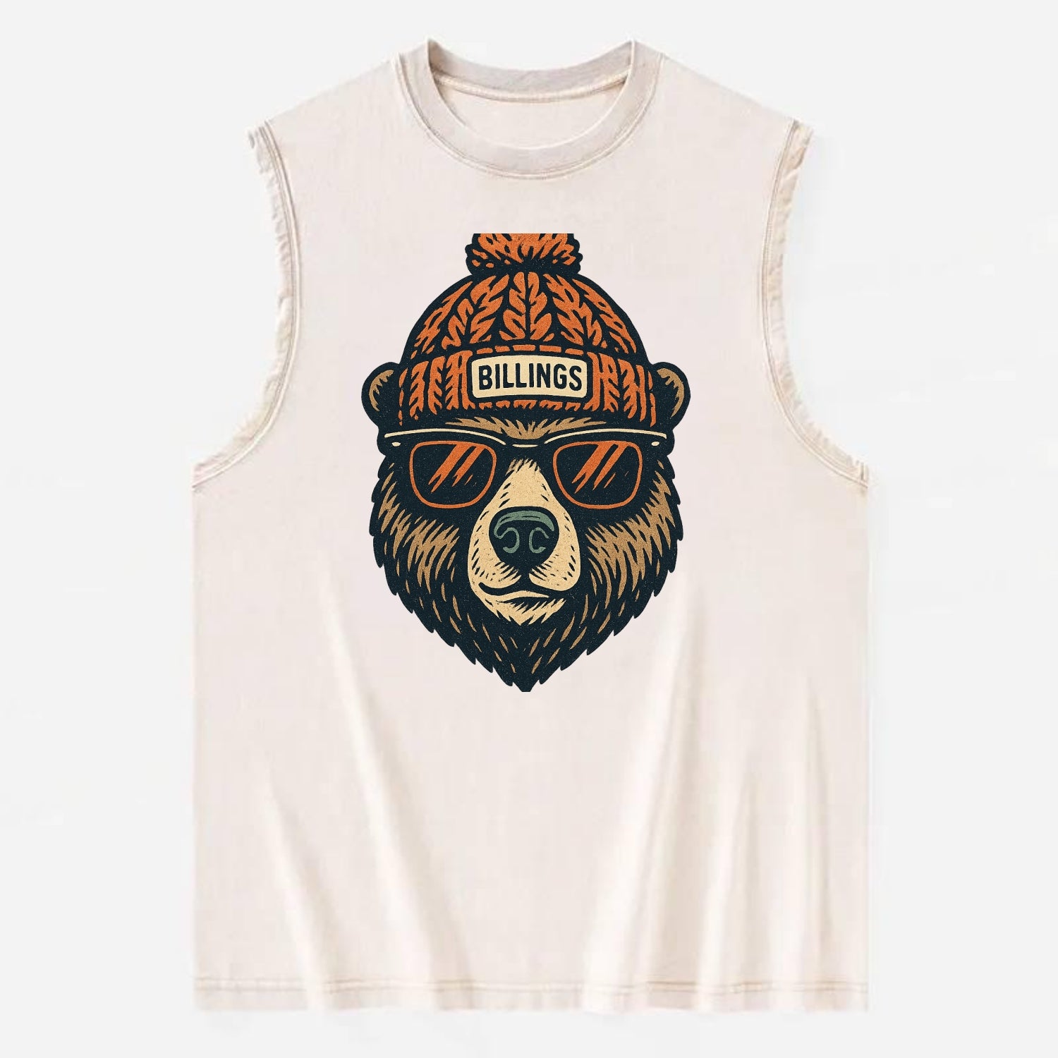 Montana Grizzly Bear wearing Billings beanie with pom pom and wayfarer - Vintage Washed Tank - Beige