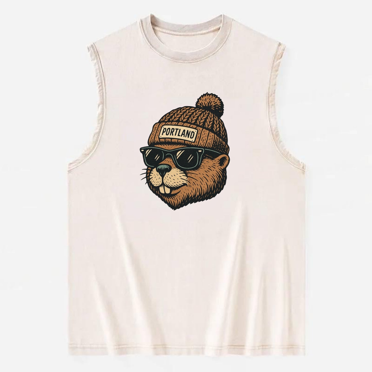 Portland Beaver wearing Portland beanie with pom pom and wayfarer sunglasses - Vintage Washed Tank - Beige