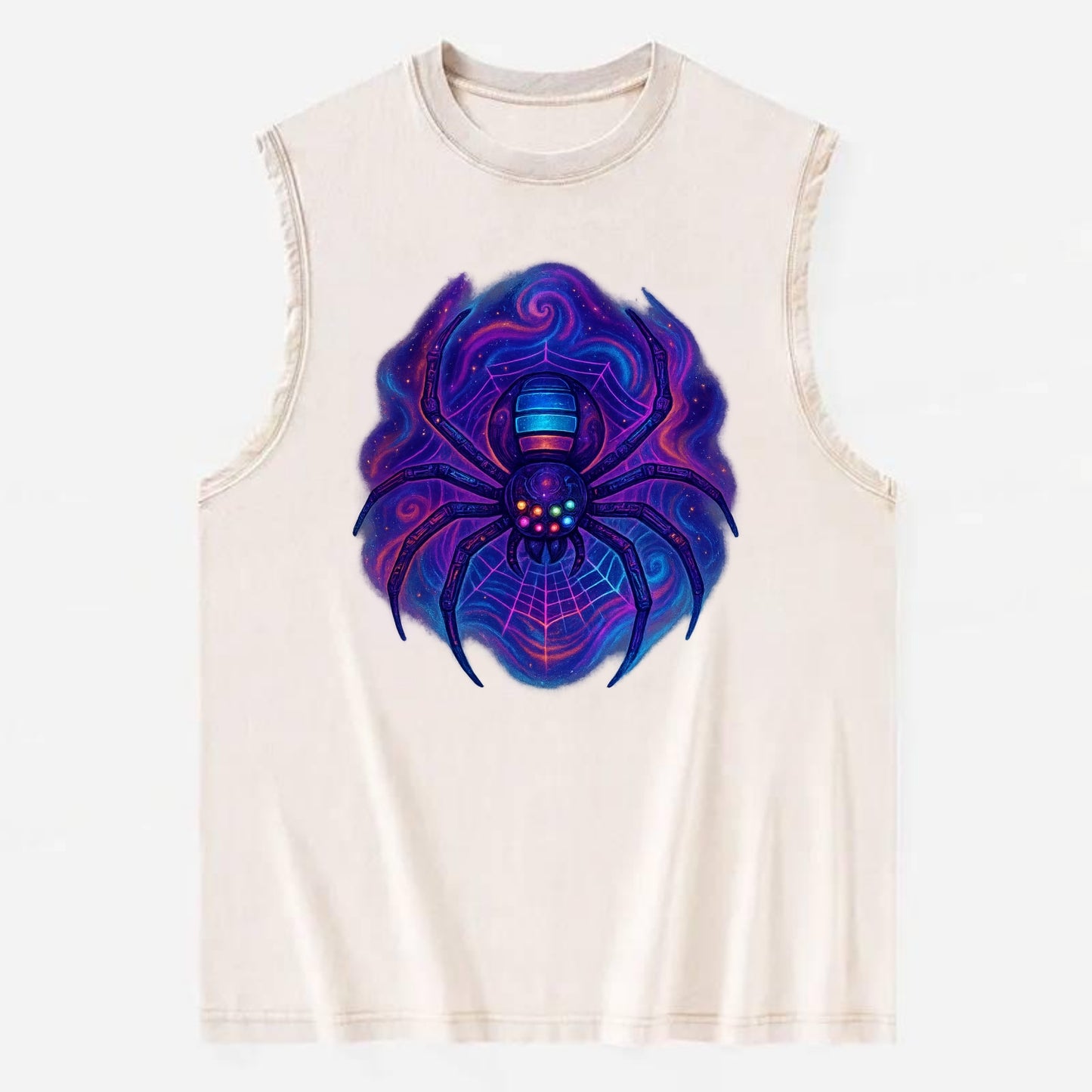 Tech spider with legs showing circuit board patterns, web glowing in neon - Vintage Washed Tank - Beige