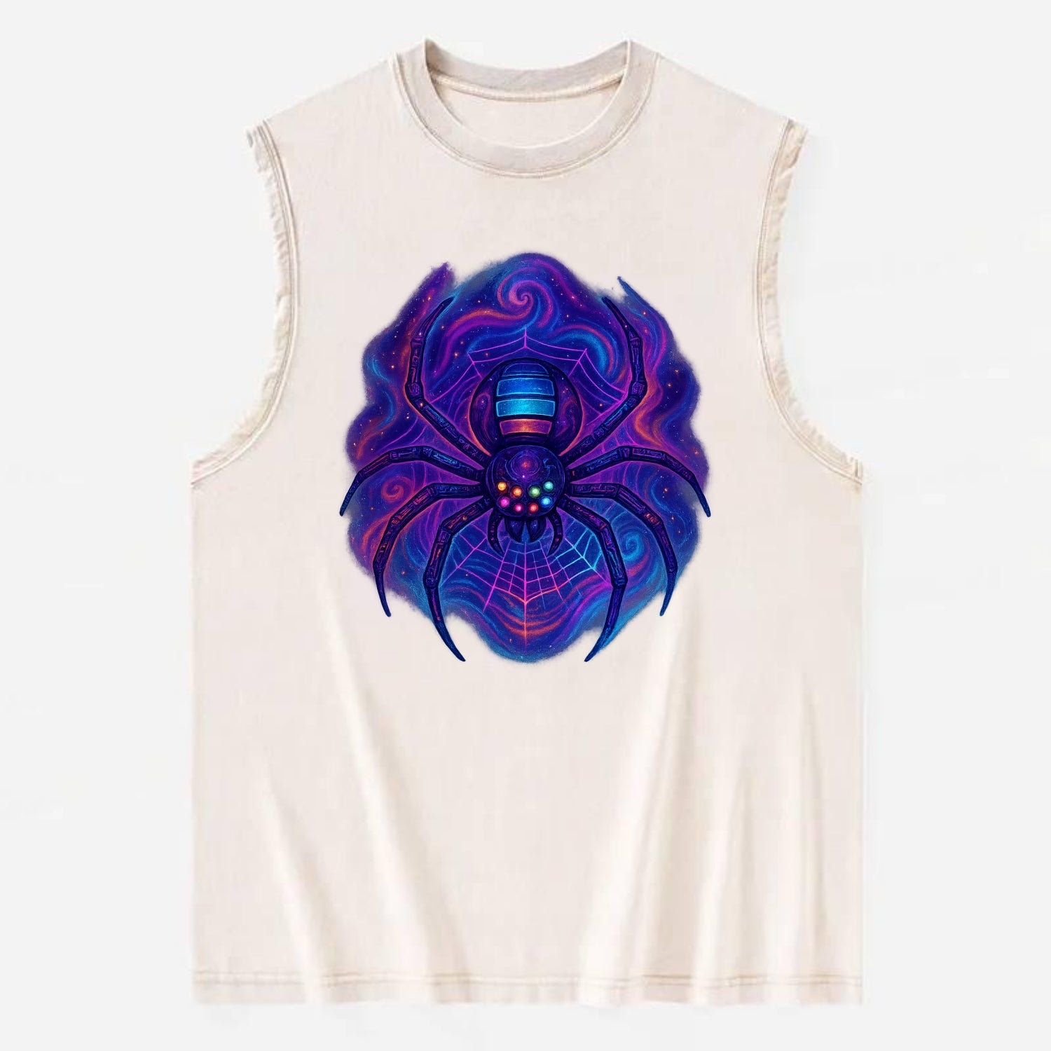 Tech spider with legs showing circuit board patterns, web glowing in neon - Vintage Washed Tank - Beige