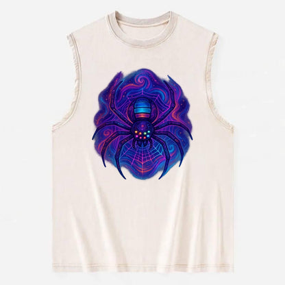 Tech spider with legs showing circuit board patterns, web glowing in neon - Vintage Washed Tank - Beige