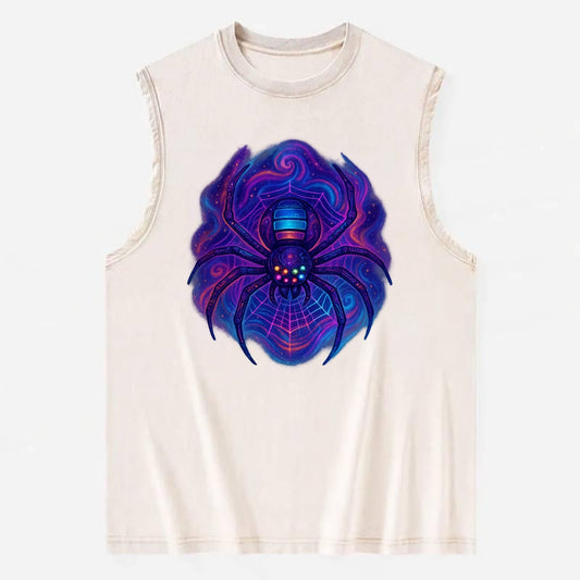 Tech spider with legs showing circuit board patterns, web glowing in neon - Vintage Washed Tank - Beige