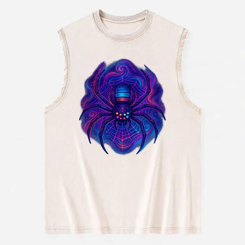 Tech spider with legs showing circuit board patterns, web glowing in neon - Vintage Washed Tank