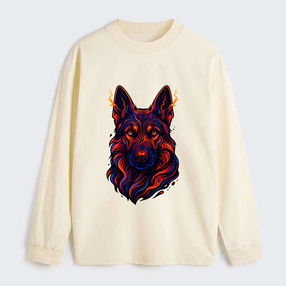 Alert German Shepherd with cyber circuit patterns in the fur, neon - Classic Long Sleeve Shirt - Beige