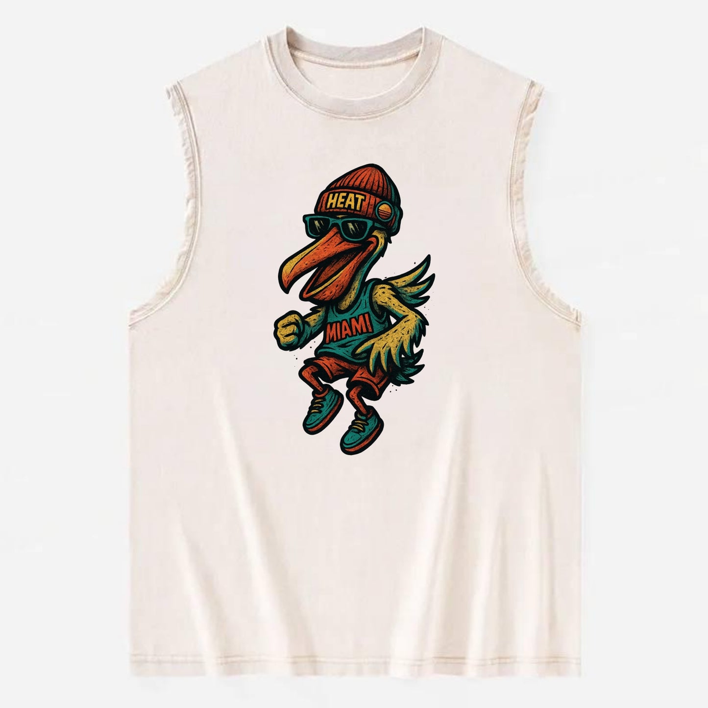 Miami Pelican wearing Heat beanie with sunset patch and wayfarer sunglasses - Vintage Washed Tank - Beige