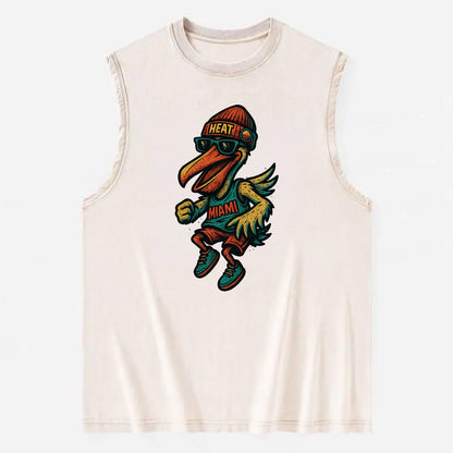 Miami Pelican wearing Heat beanie with sunset patch and wayfarer sunglasses - Vintage Washed Tank - Beige