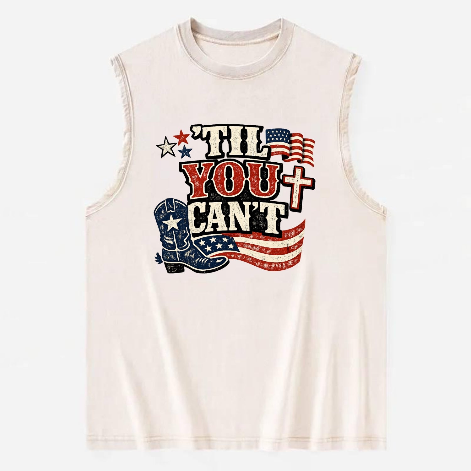 Til You Cant - Patriot Cross - Vintage Washed Tank - Beige