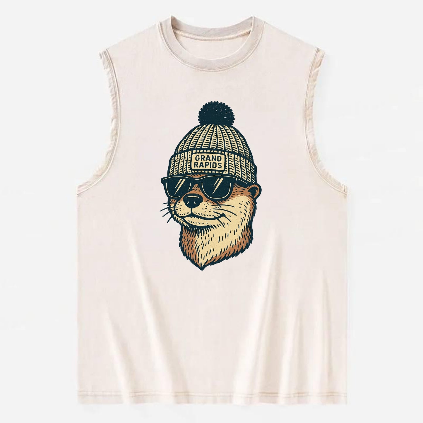 Grand Rapids River Otter wearing Grand Rapids beanie with pom pom and - Vintage Washed Tank - Beige
