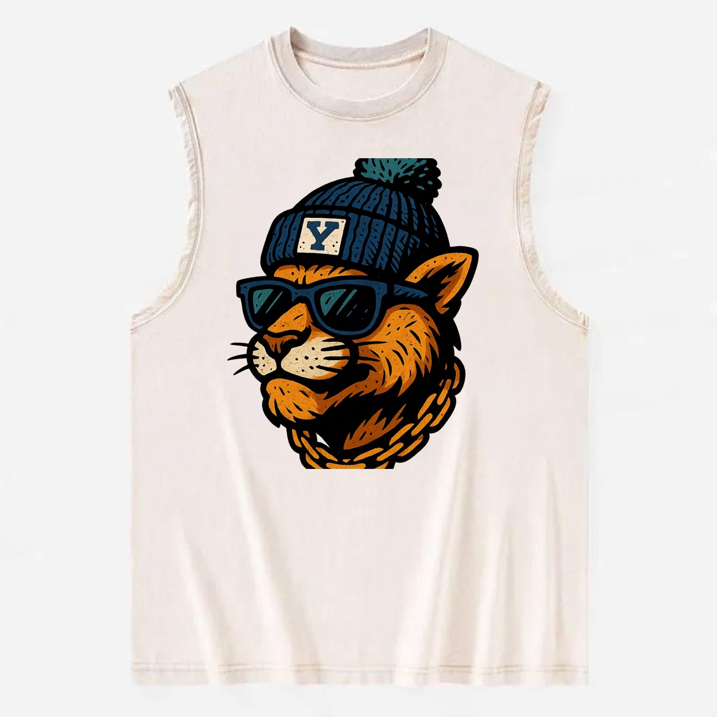 Provo Cougar wearing BYU beanie with Y patch - Vintage Washed Tank - Beige