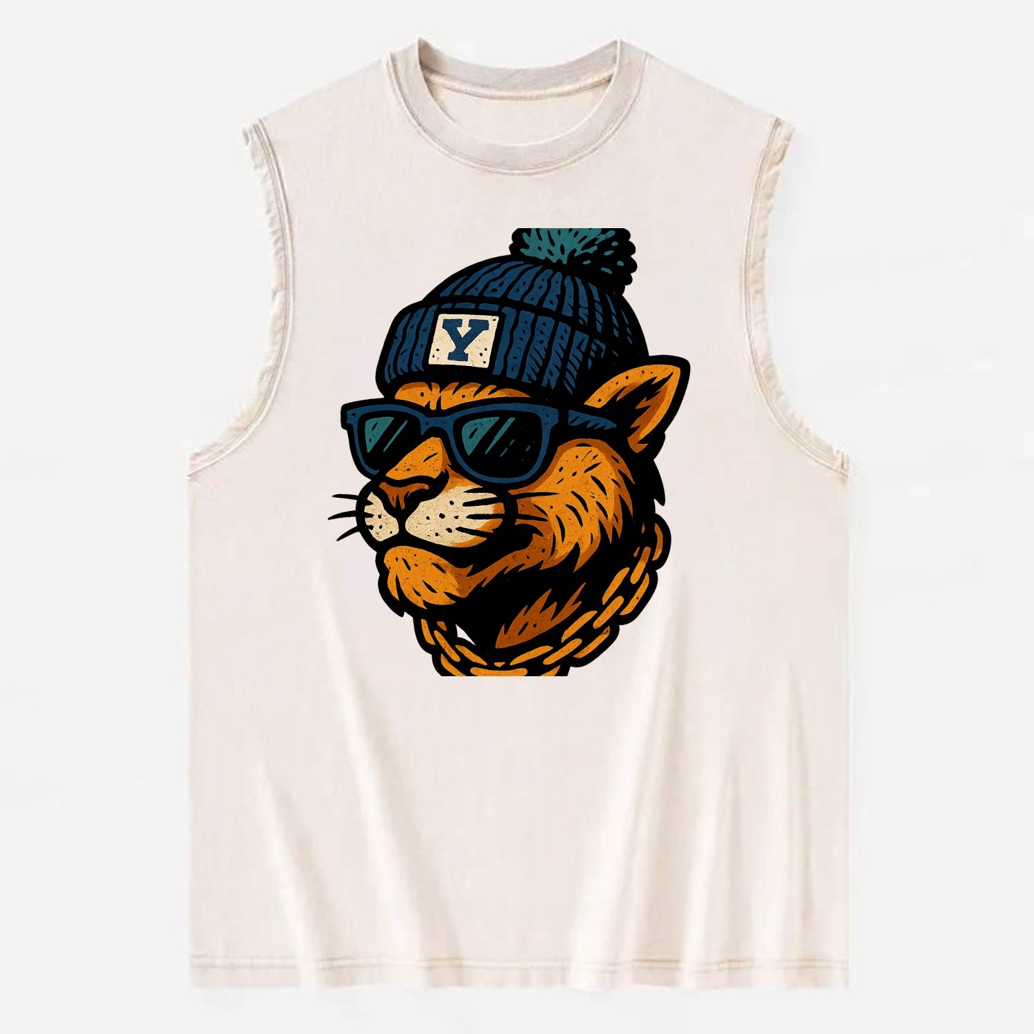Provo Cougar wearing BYU beanie with Y patch - Vintage Washed Tank - Beige