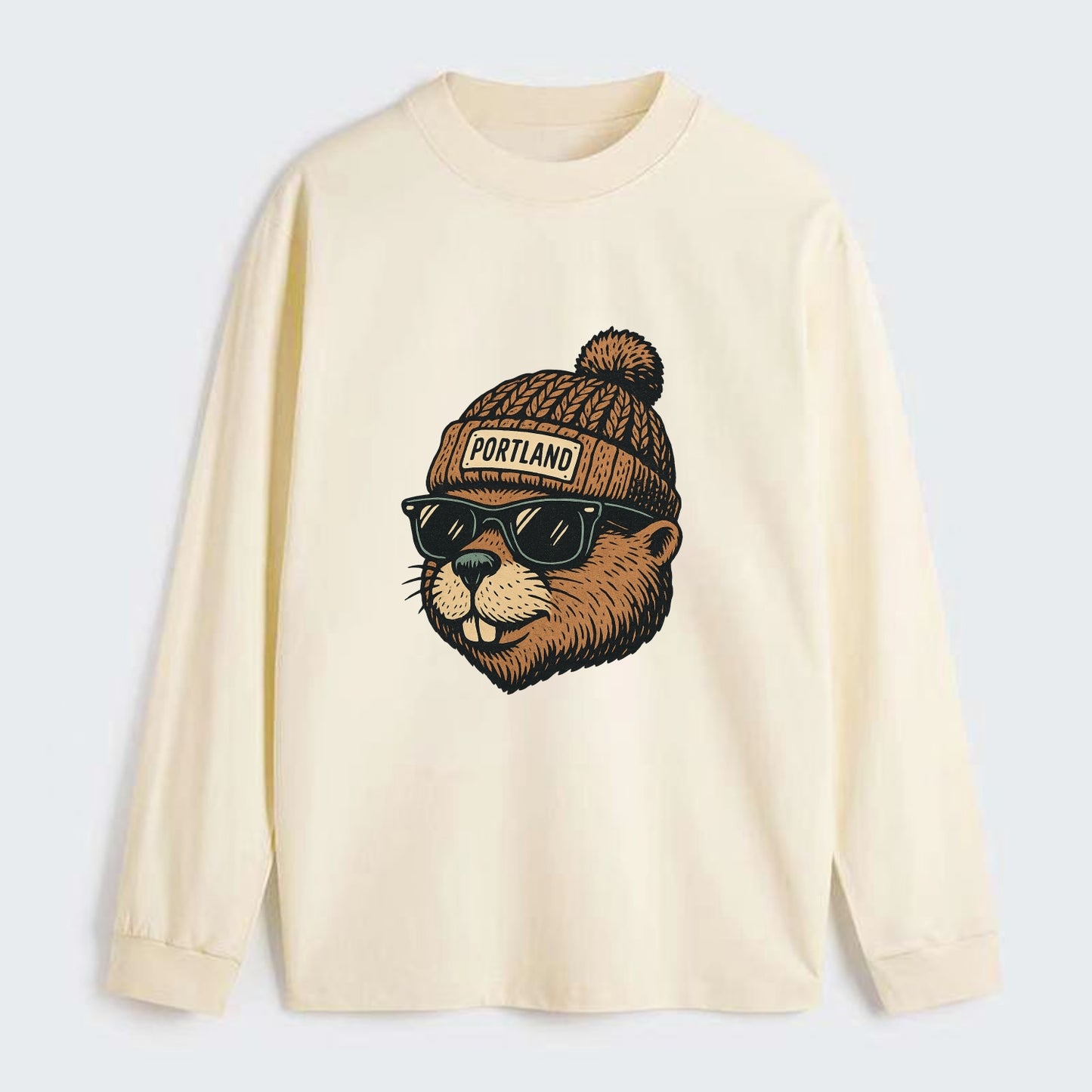 Portland Beaver wearing Portland beanie with pom pom and wayfarer - Classic Long Sleeve Shirt - Beige