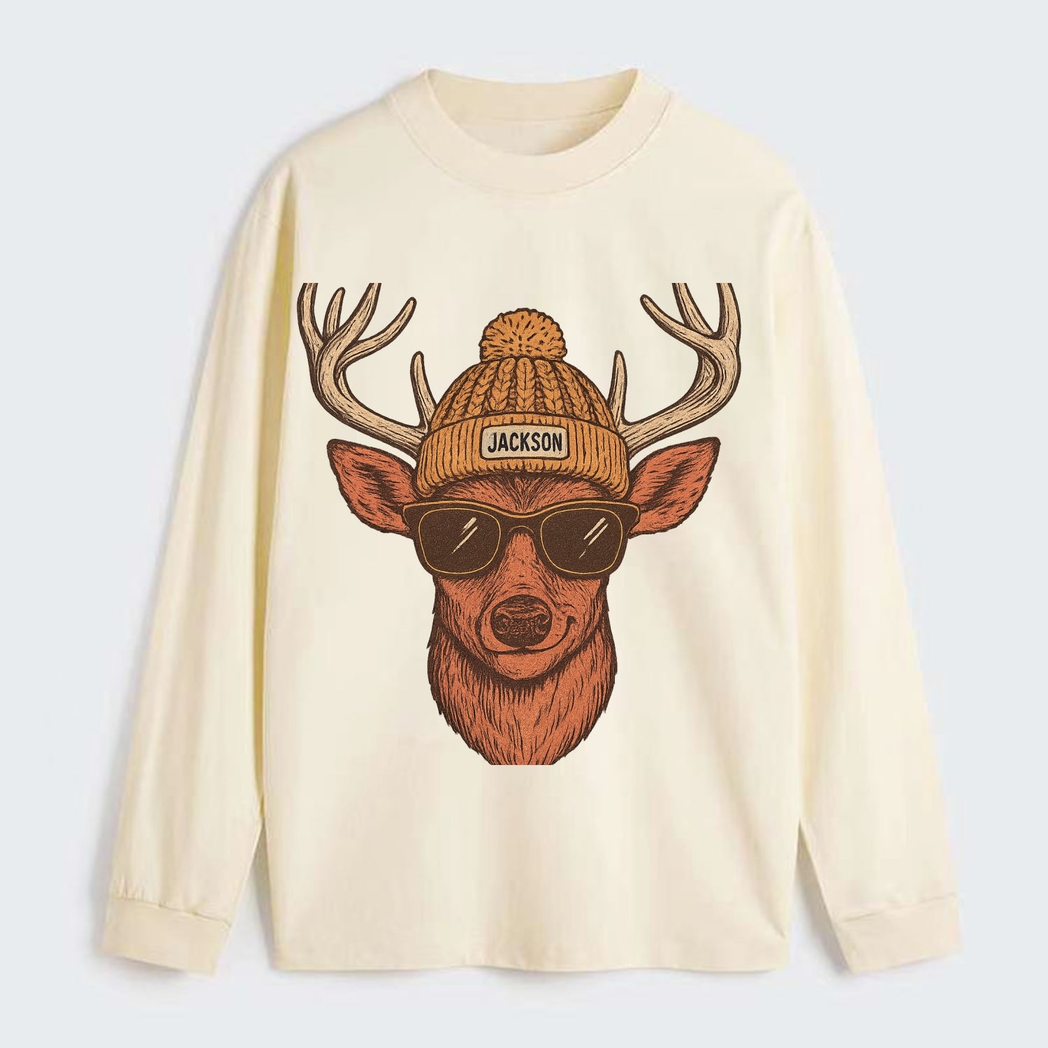 Mississippi White-tailed Deer wearing Jackson beanie with pom pom and - Classic Long Sleeve Shirt - Beige