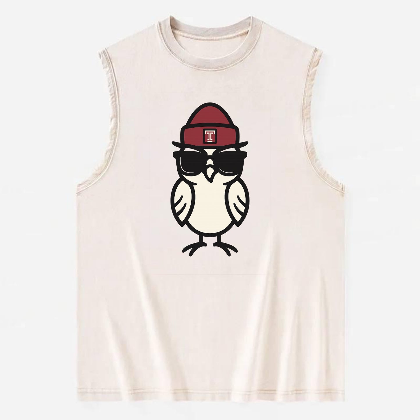 Philadelphia Owl wearing Temple beanie with T patch - Vintage Washed Tank - Beige