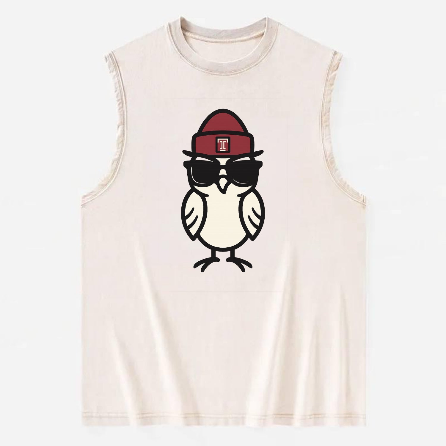 Philadelphia Owl wearing Temple beanie with T patch - Vintage Washed Tank - Beige