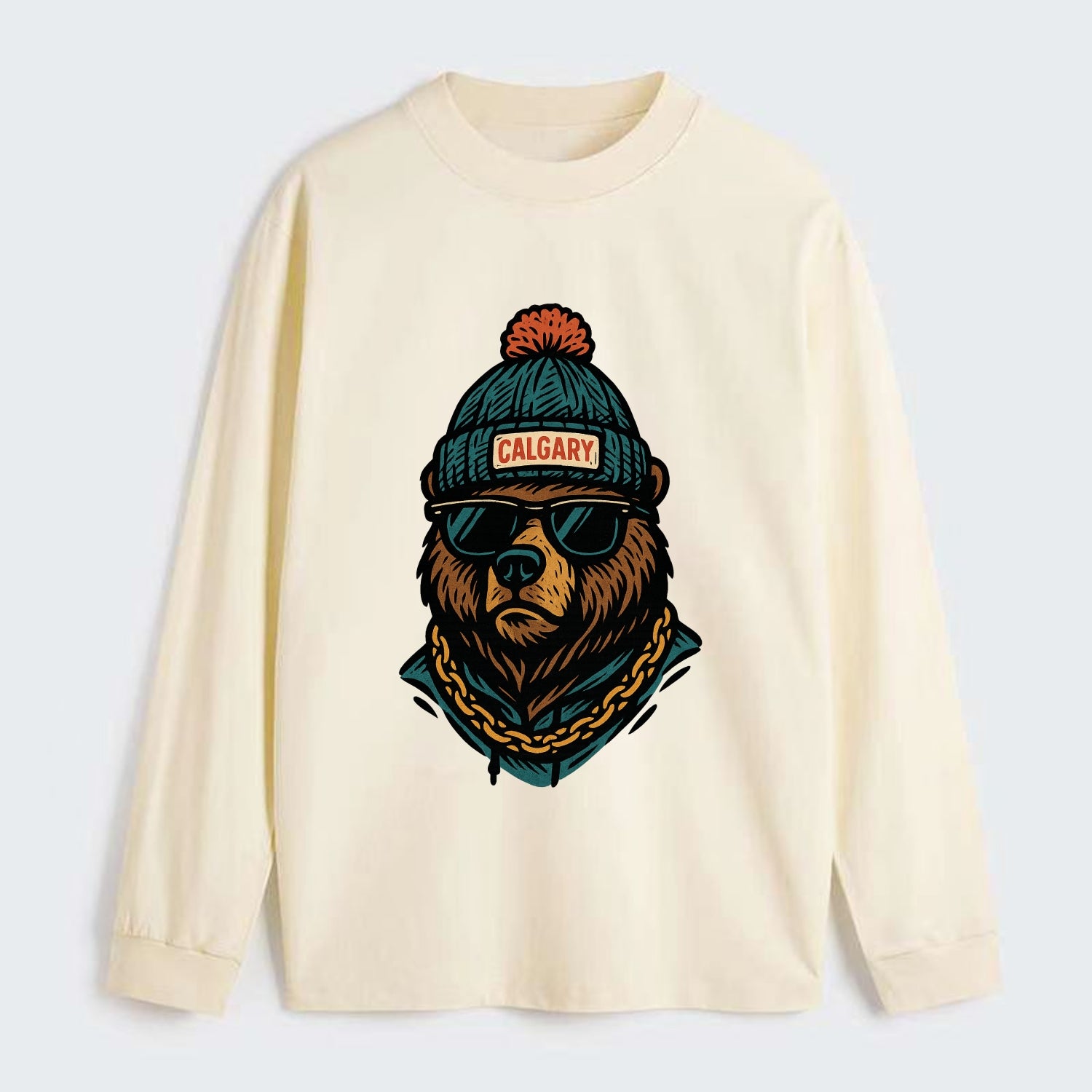 Calgary Grizzly Bear wearing Calgary beanie with pom pom and wayfarer - Classic Long Sleeve Shirt - Beige