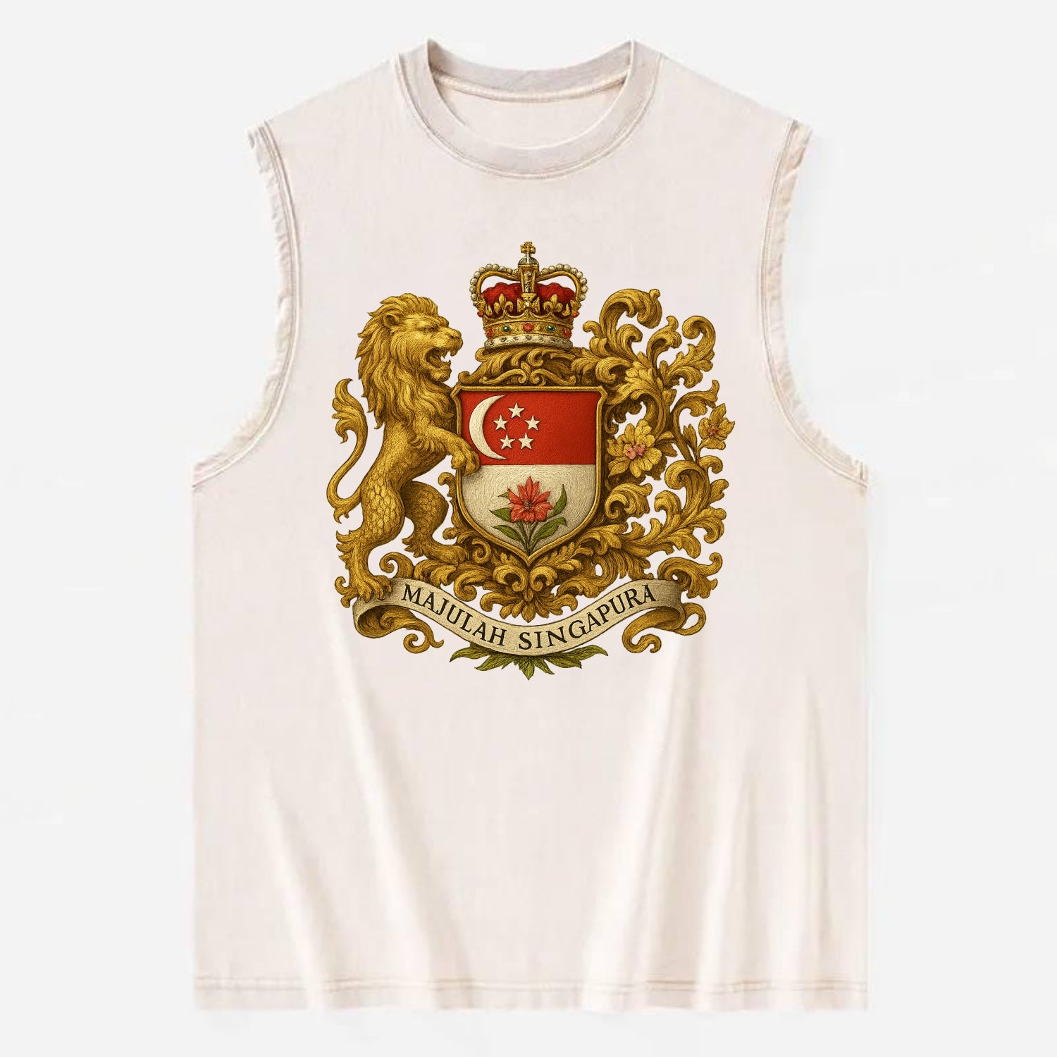 Singapore Merlion Emblem  - Vintage Washed Tank - Beige