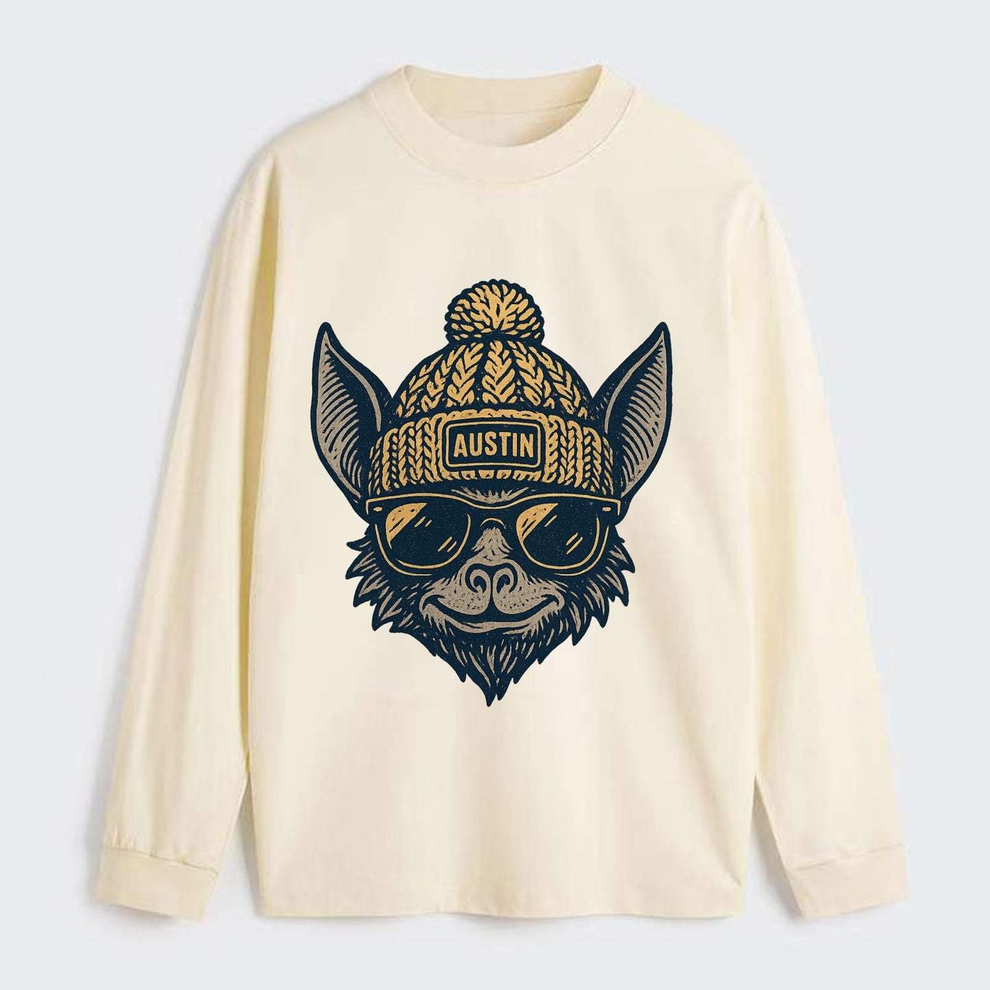 Austin Bat wearing Austin beanie with pom pom and wayfarer sunglasses - Classic Long Sleeve Shirt - Beige