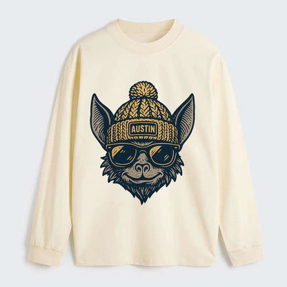 Austin Bat wearing Austin beanie with pom pom and wayfarer sunglasses - Classic Long Sleeve Shirt - Beige