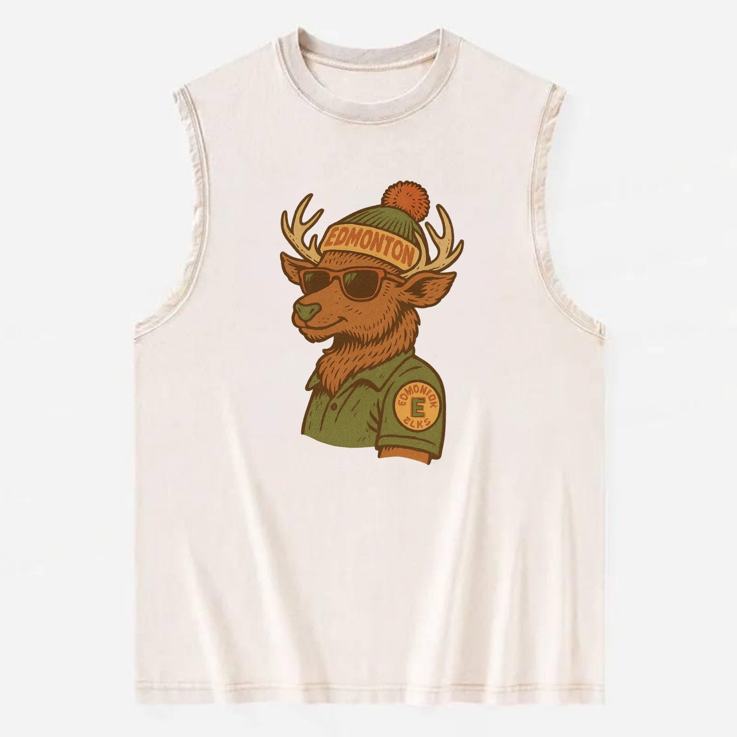 Edmonton Elk wearing Edmonton beanie wit - Vintage Washed Tank - Beige