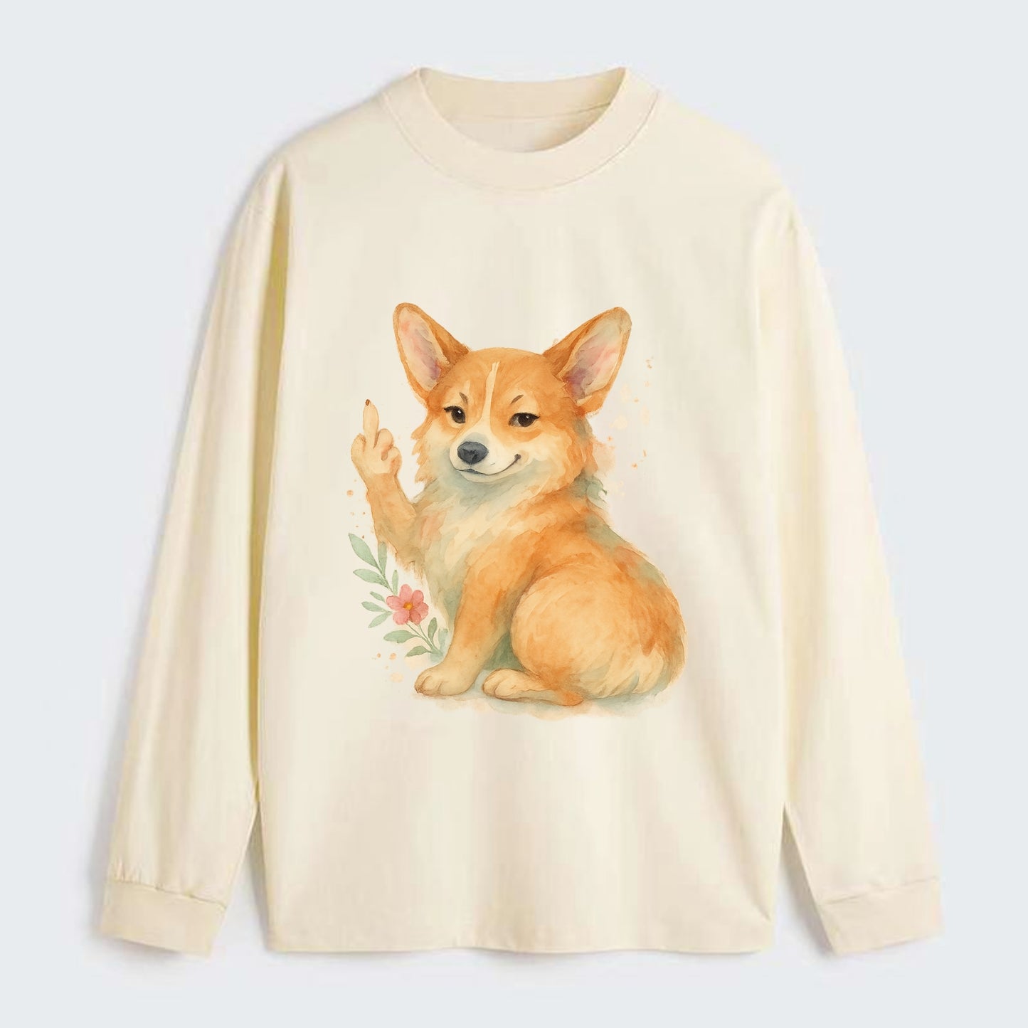Corgi short legs and fluffy butt, one stubby paw up with sass - Classic Long Sleeve Shirt - Beige