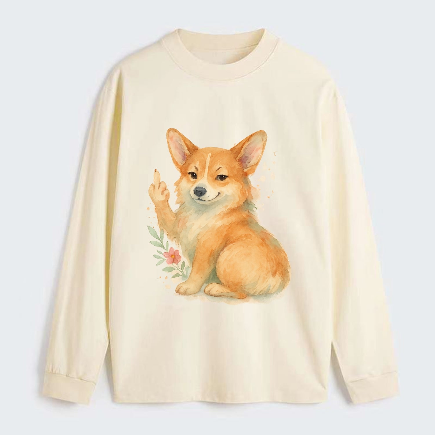 Corgi short legs and fluffy butt, one stubby paw up with sass - Classic Long Sleeve Shirt - Beige