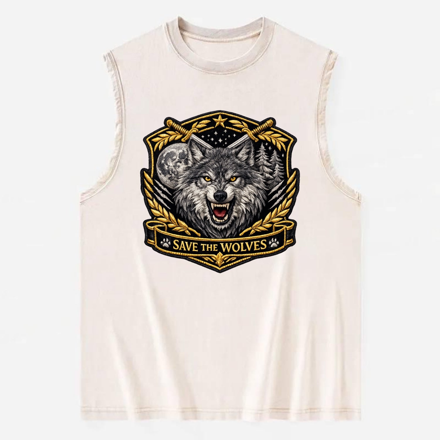 SAVE THE WOLVES - wolf moon in gray , predator protection - Vintage Washed Tank - Beige