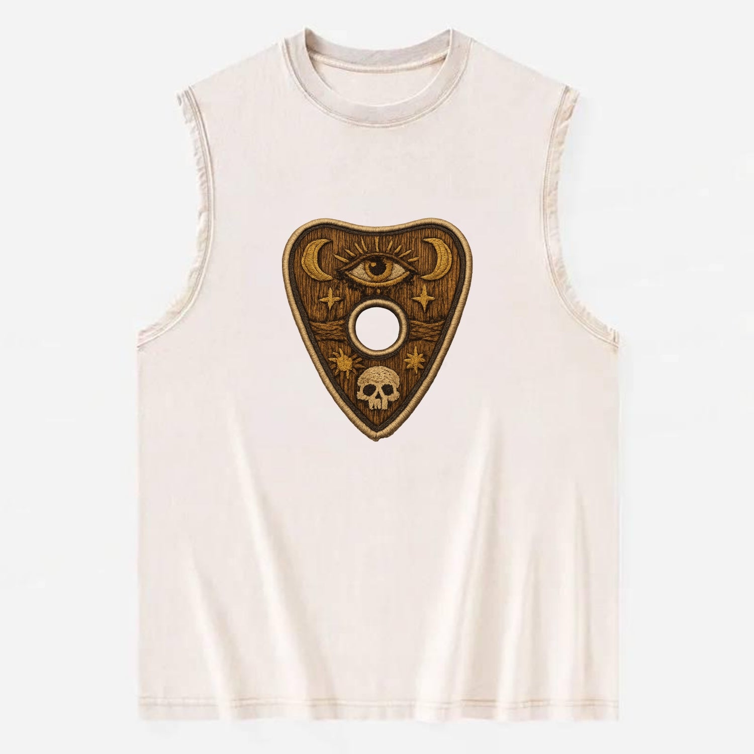 OUIJA PLANCHETTE - spirit board pointer in wood and gold , seance - Vintage Washed Tank - Beige