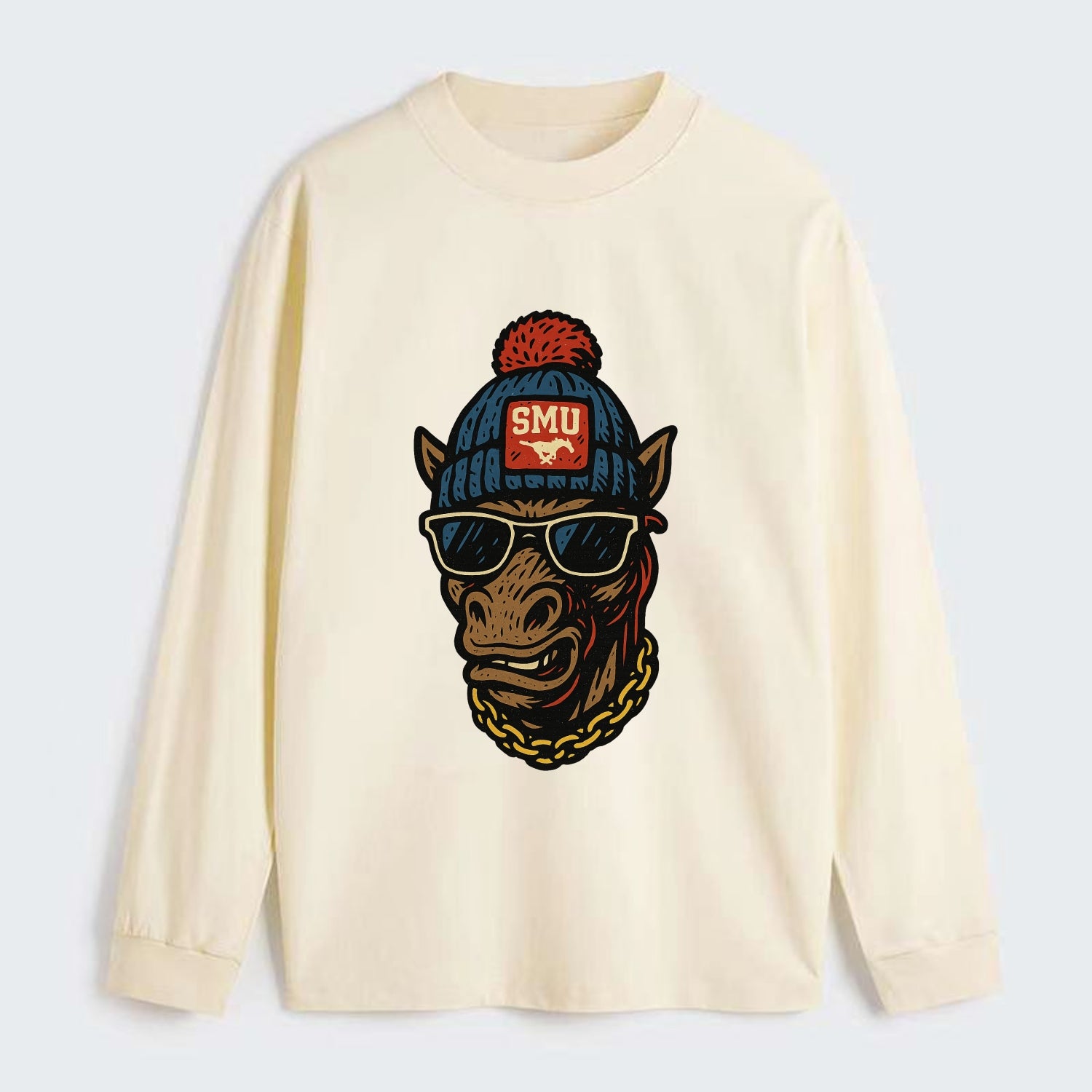 Dallas Mustang wearing SMU beanie with pony patch - Classic Long Sleeve Shirt - Beige