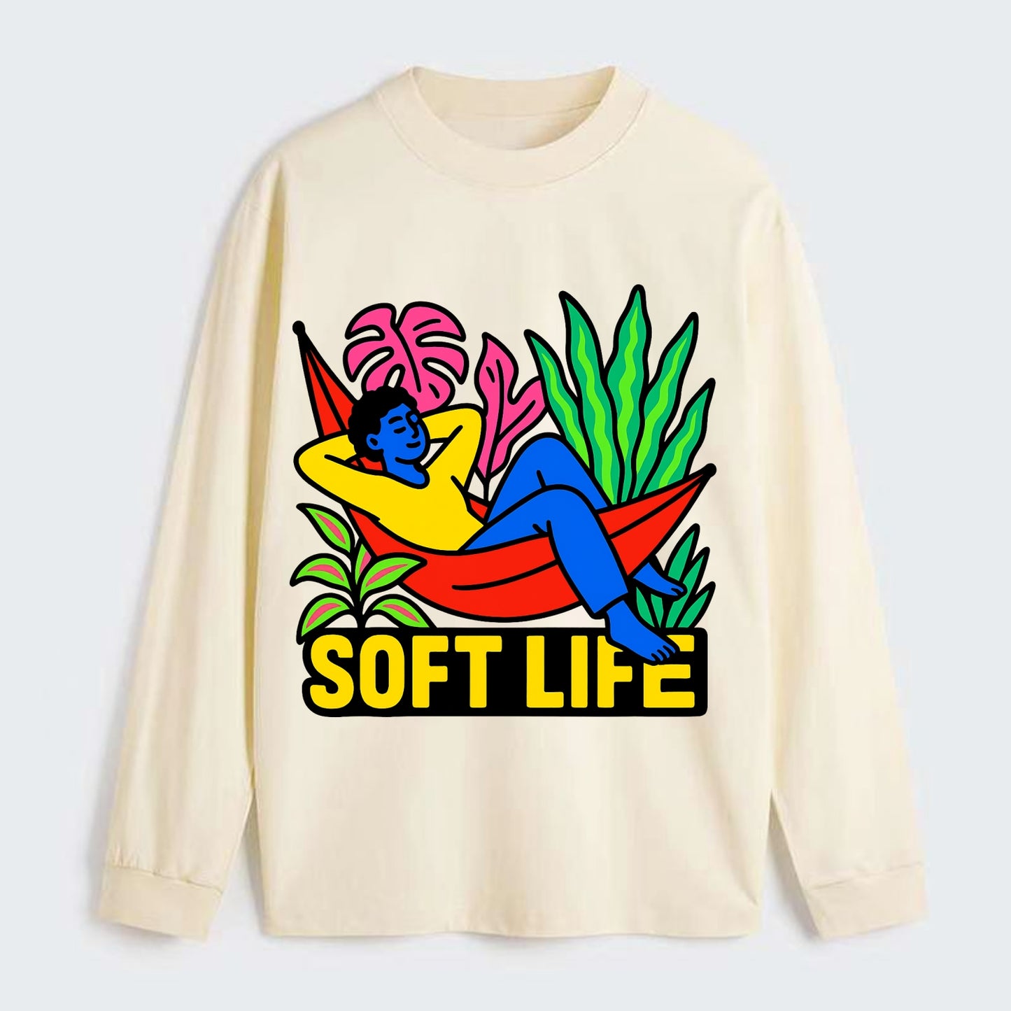 Person relaxing in hammock with plants - "soft life" aesthetic, - Classic Long Sleeve Shirt - Beige