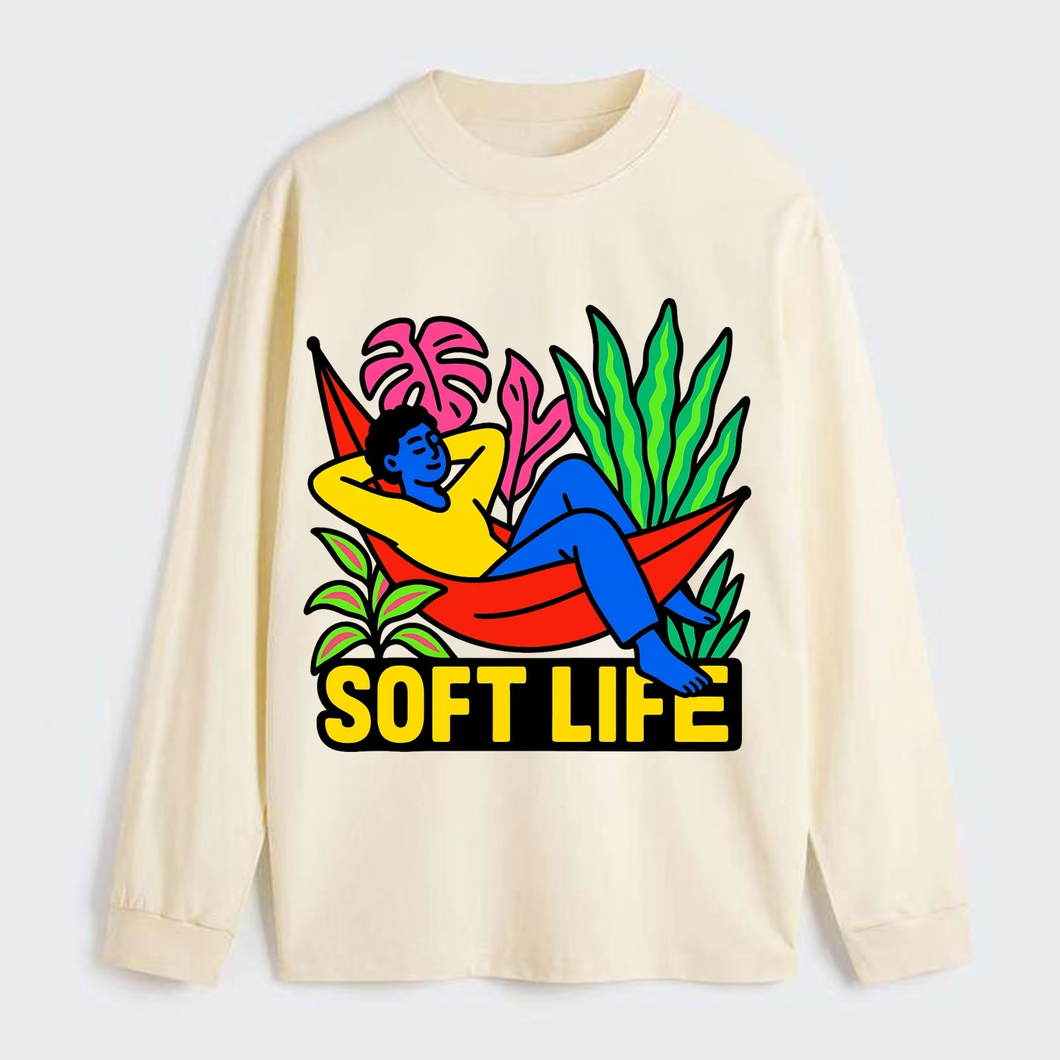 Person relaxing in hammock with plants - "soft life" aesthetic, - Classic Long Sleeve Shirt - Beige