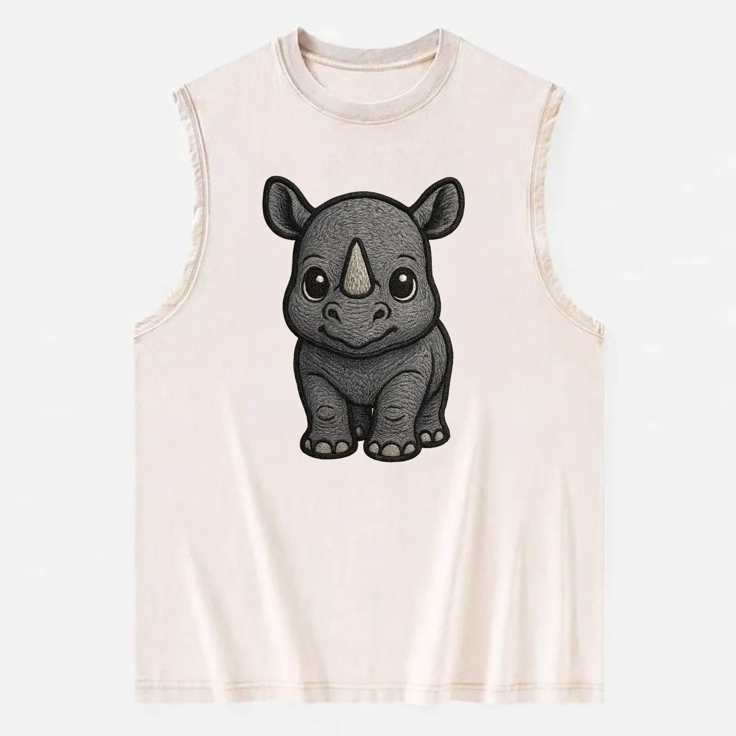Baby Rhino - gray armor skin, tiny horn nub, round eyes, front-facing, tank - Vintage Washed Tank - Beige